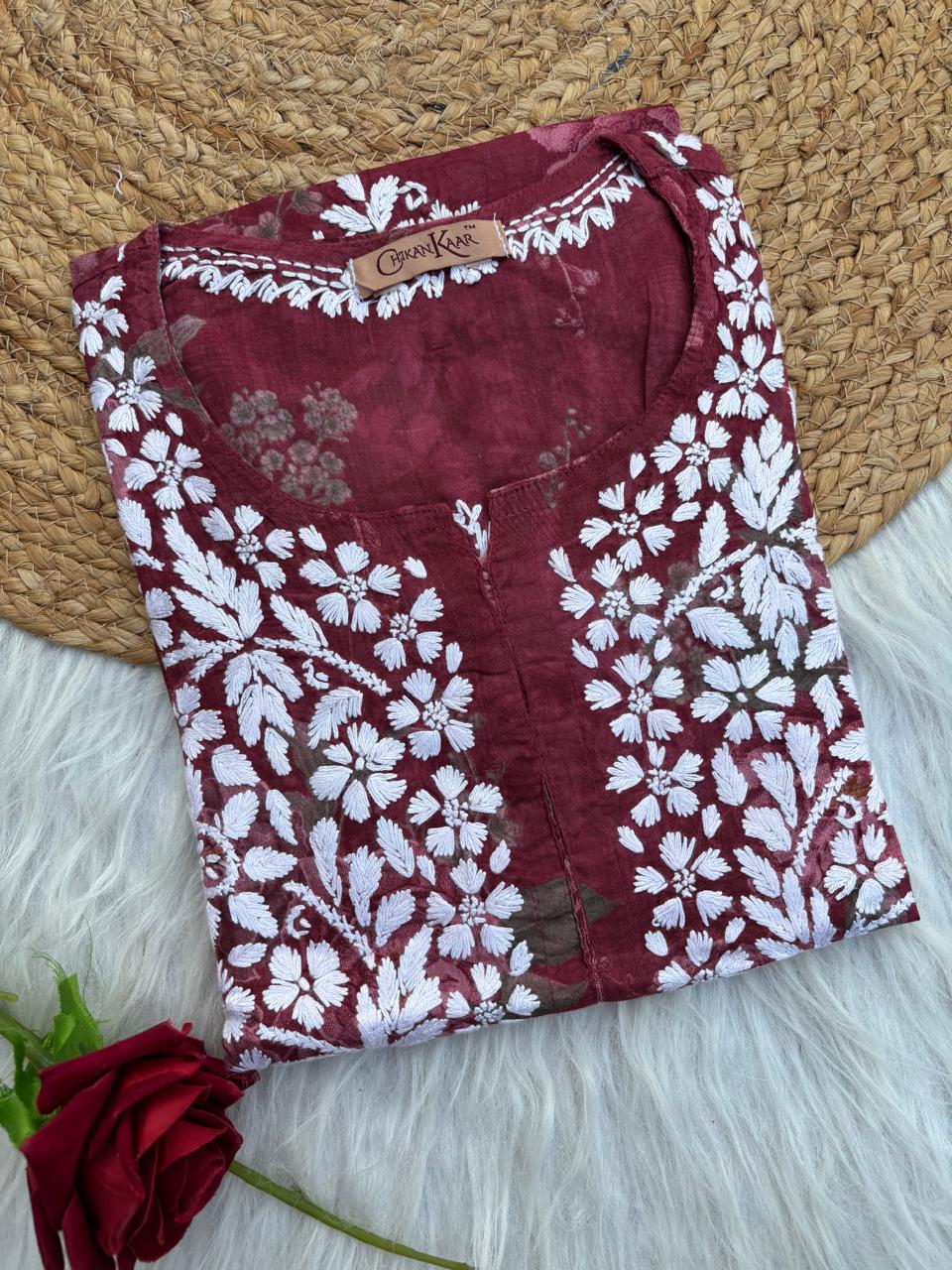 Zaina Pure Mulmul Chikankari Handwork Kurti - Red Colour