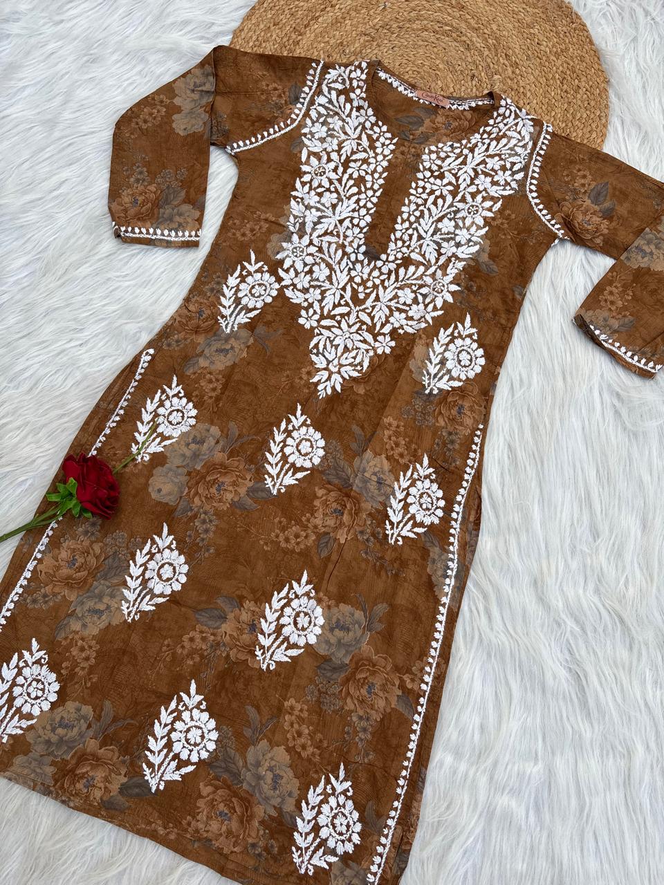 Zaina Pure Mulmul Chikankari Handwork Kurti - Mustard Colour