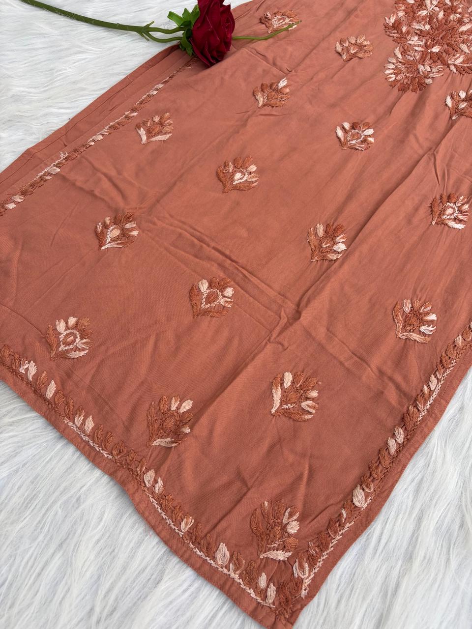 Roohi Rayon Tone To Tone Lucknowi Handwork Chikankari Kurti - Brown Color