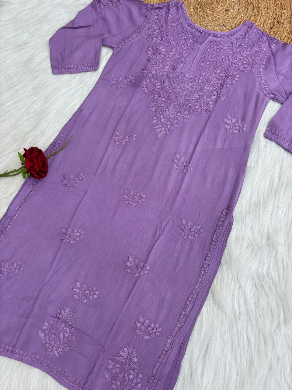 Kiara Dyeable Soft Rayon Handwork Chikankari Kurti - Purple Colour