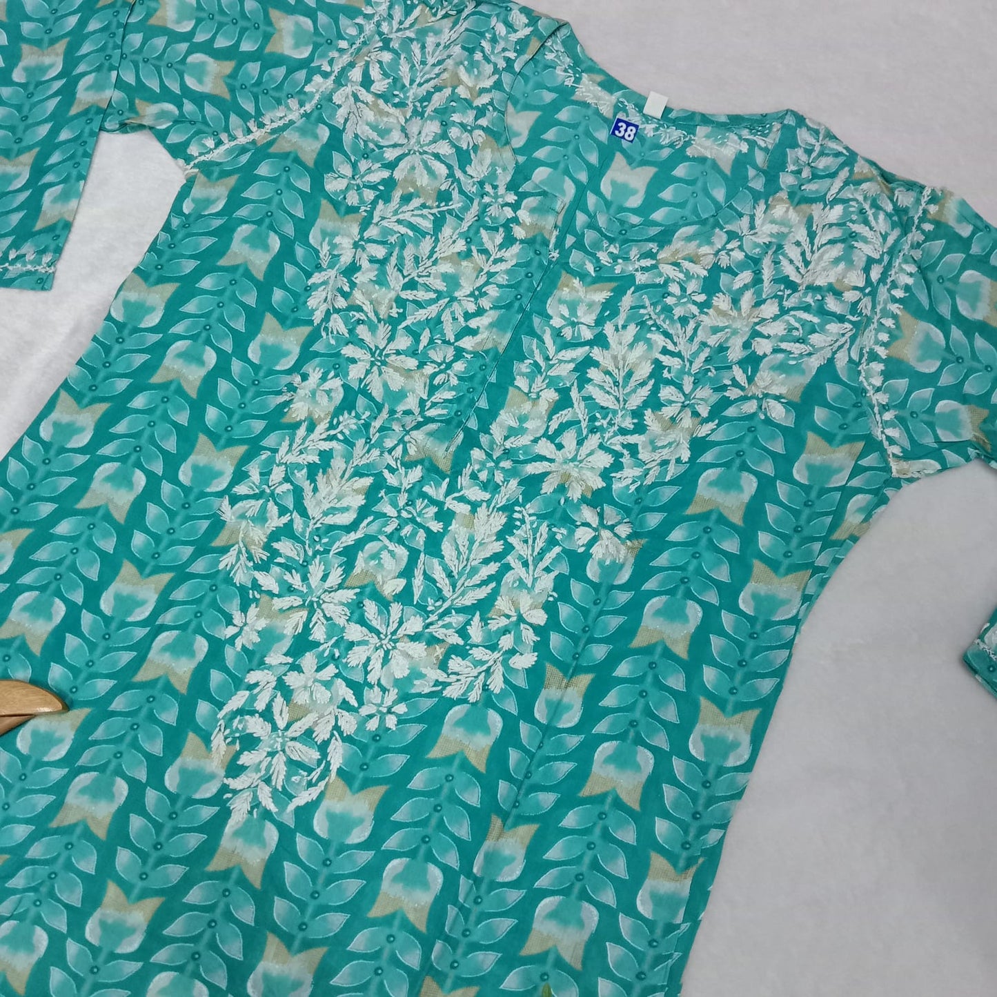 Pure Mulmul Chikankari  Handwork Kurti -Sea Green Colour