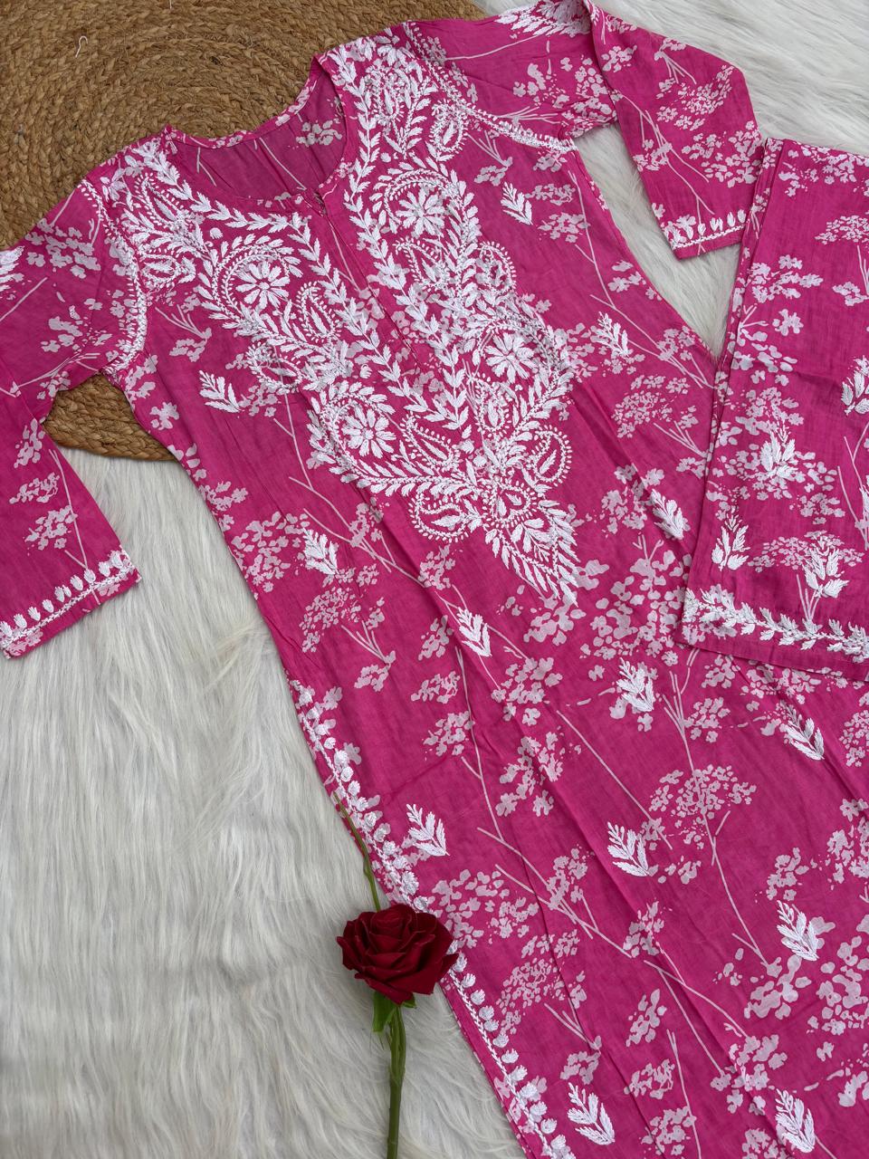 Jiya Mulmul Cotton Handwork Chikankari Kurti Set - Pink Colour