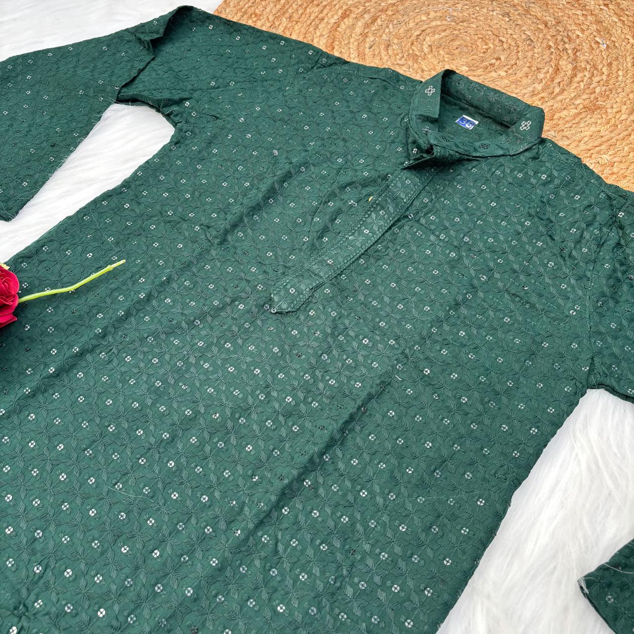 Ayaan Mens Cotton Chikankari Kurta - Dark Green colour