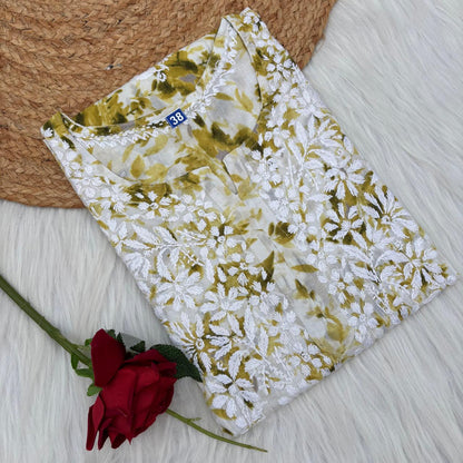 Amara Pure Mulmul Chikankari  Handwork Kurti -Green Colour