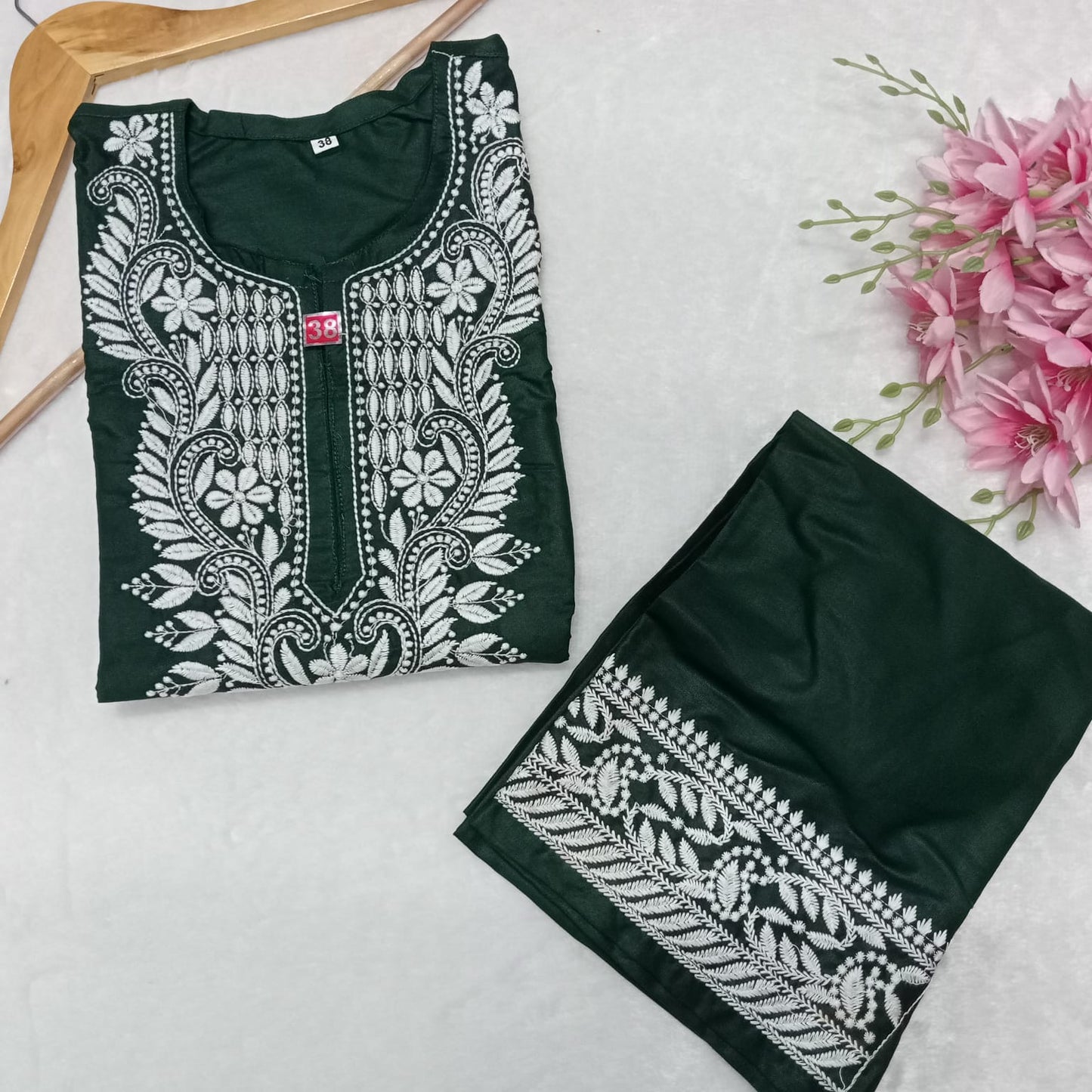 Rayon Chikankari Machine Work  Kurti Plazo Set- Dark Green Colour