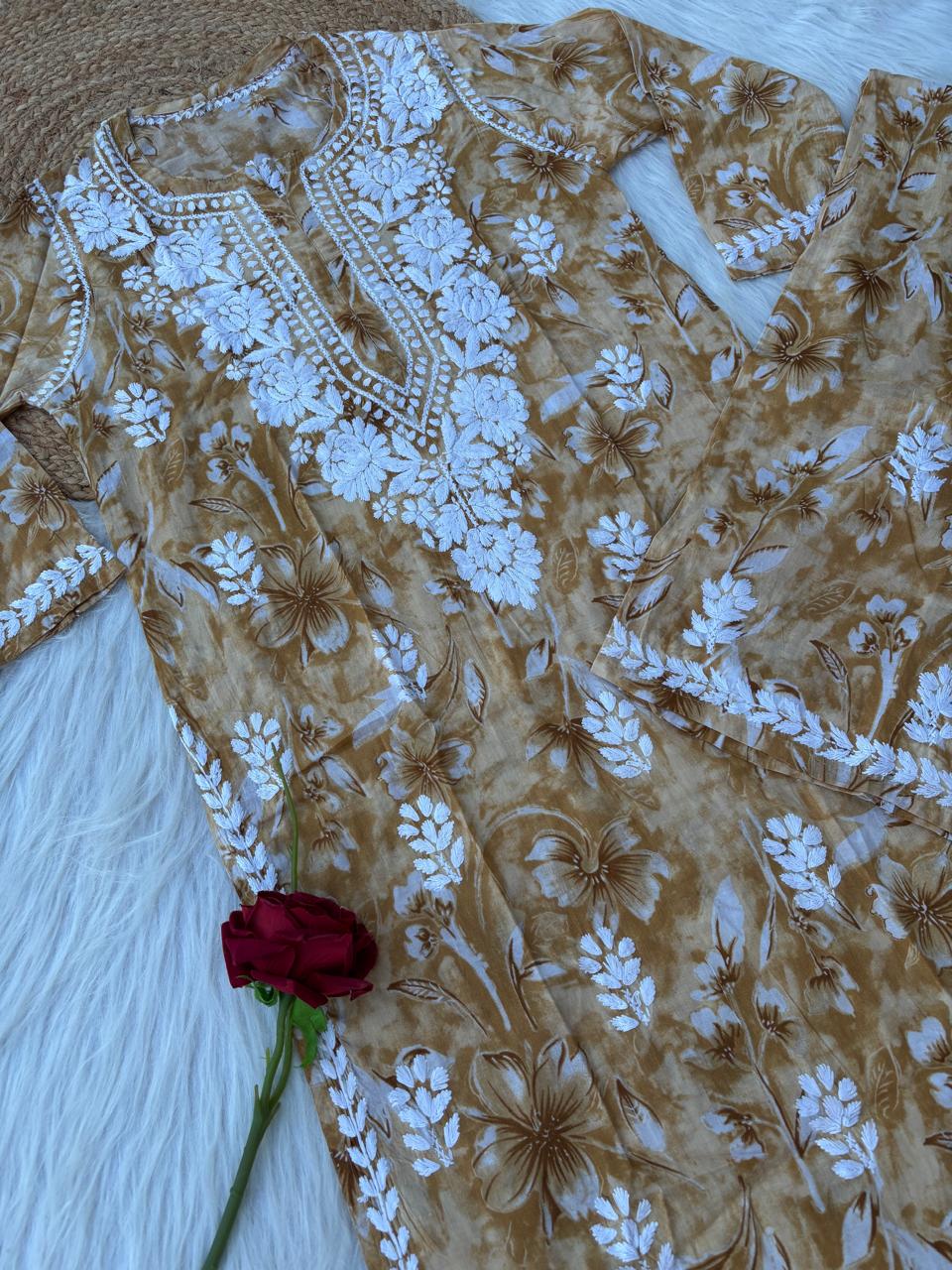 Shazia Mulmul Cotton Chikankari Kurti Set - Mustard Colour