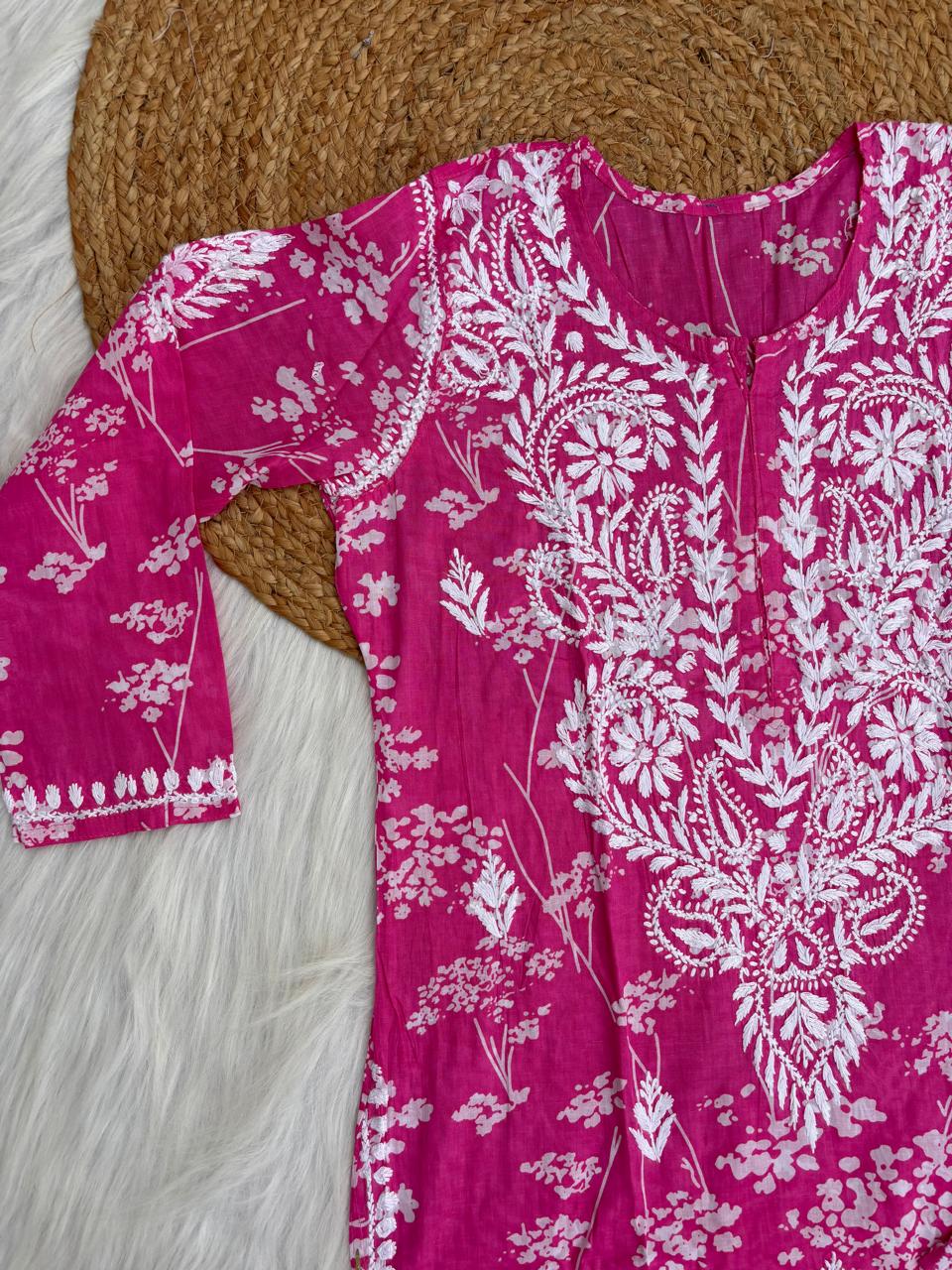 Jiya Mulmul Cotton Handwork Chikankari Kurti Set - Pink Colour