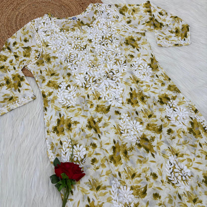 Amara Pure Mulmul Chikankari  Handwork Kurti -Green Colour