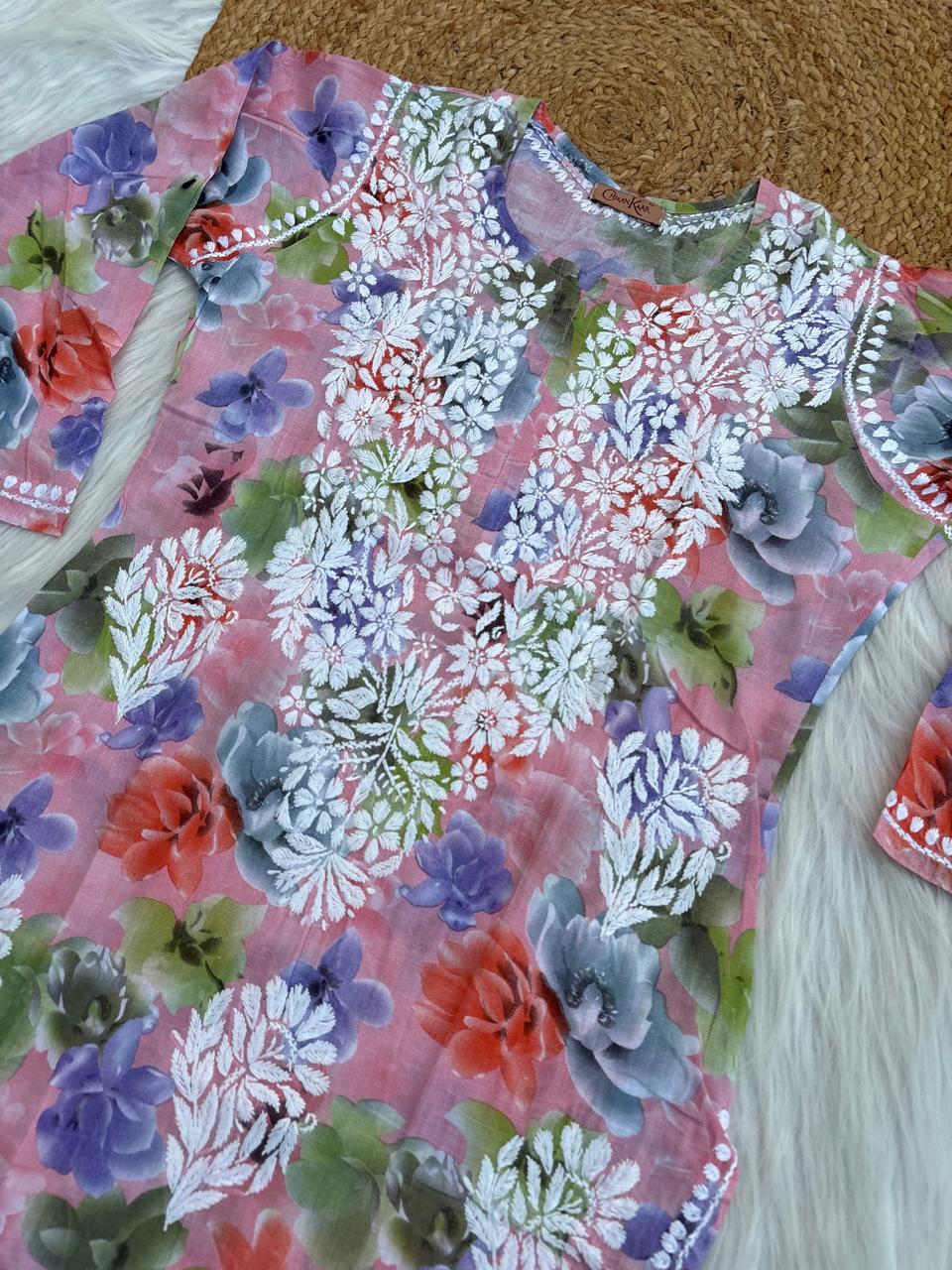 Najma Pure Mulmul Chikankari Handwork Kurti - Peach Colour