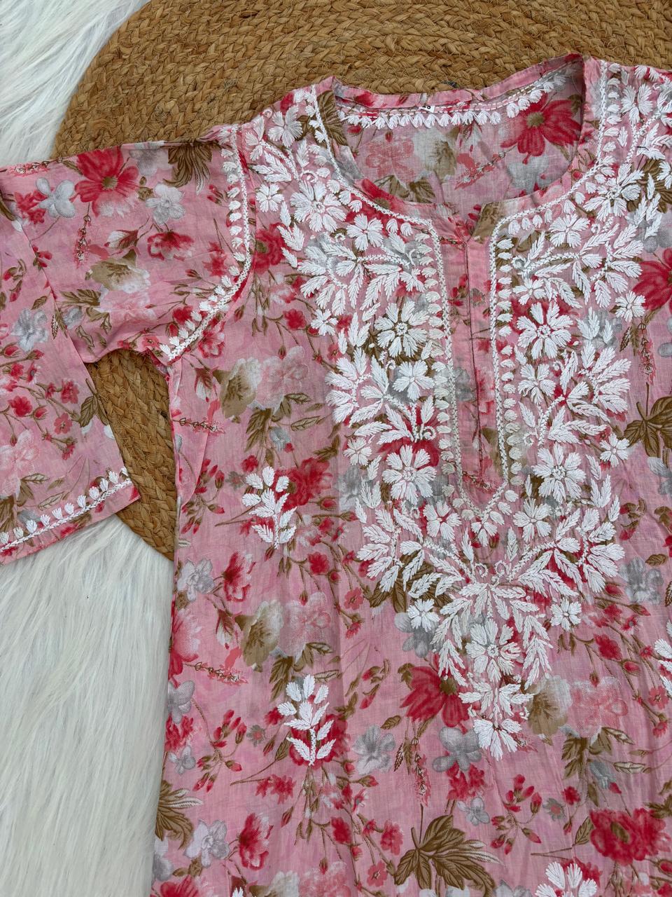 Alina Pure Mulmul Chikankari Handwork Kurti - Pink Colour