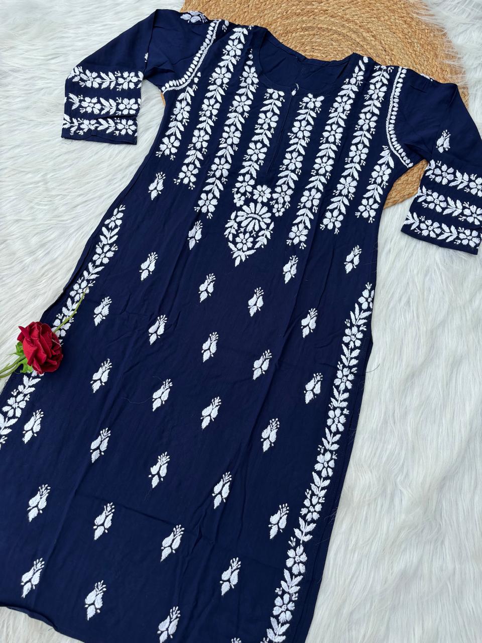 Zoobia Soft Rayon Handwork Chikankari Kurti - Blue Colour