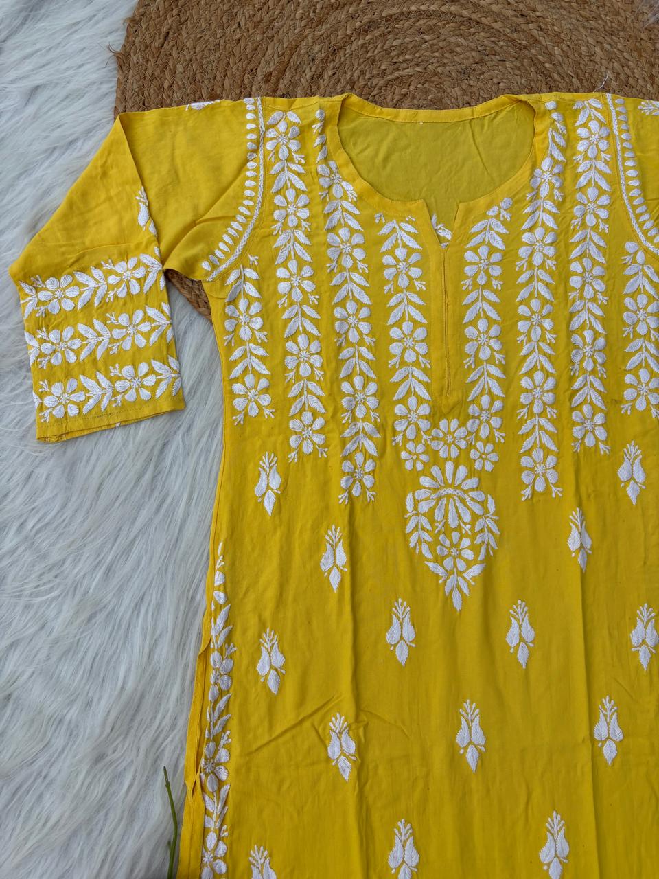 Zoobia Soft Rayon Handwork Chikankari Kurti - Yellow Colour