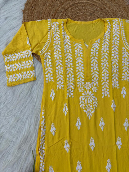 Zoobia Soft Rayon Handwork Chikankari Kurti - Yellow Colour