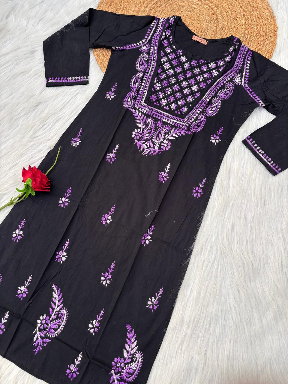 Maryam Handwork Cotton Lucknowi Chikankari Kurti - Purple Color