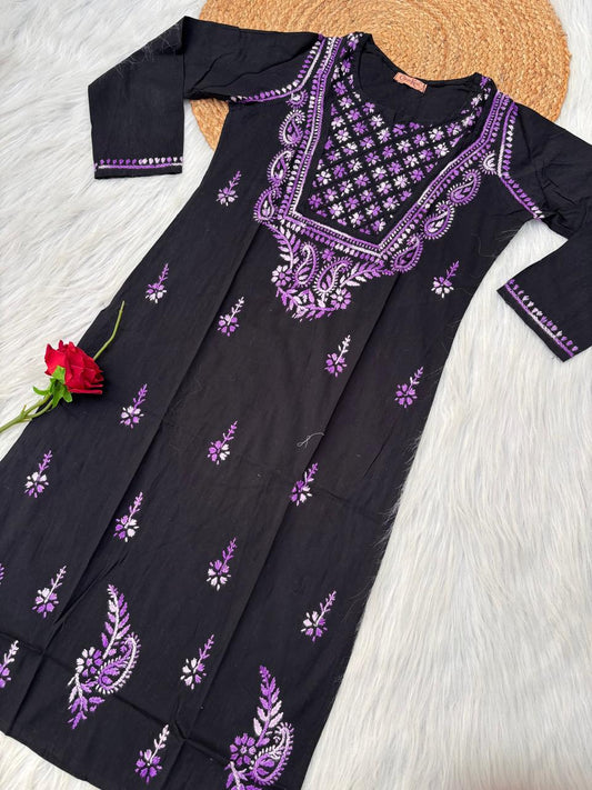 Maryam Handwork Cotton Lucknowi Chikankari Kurti - Purple Color