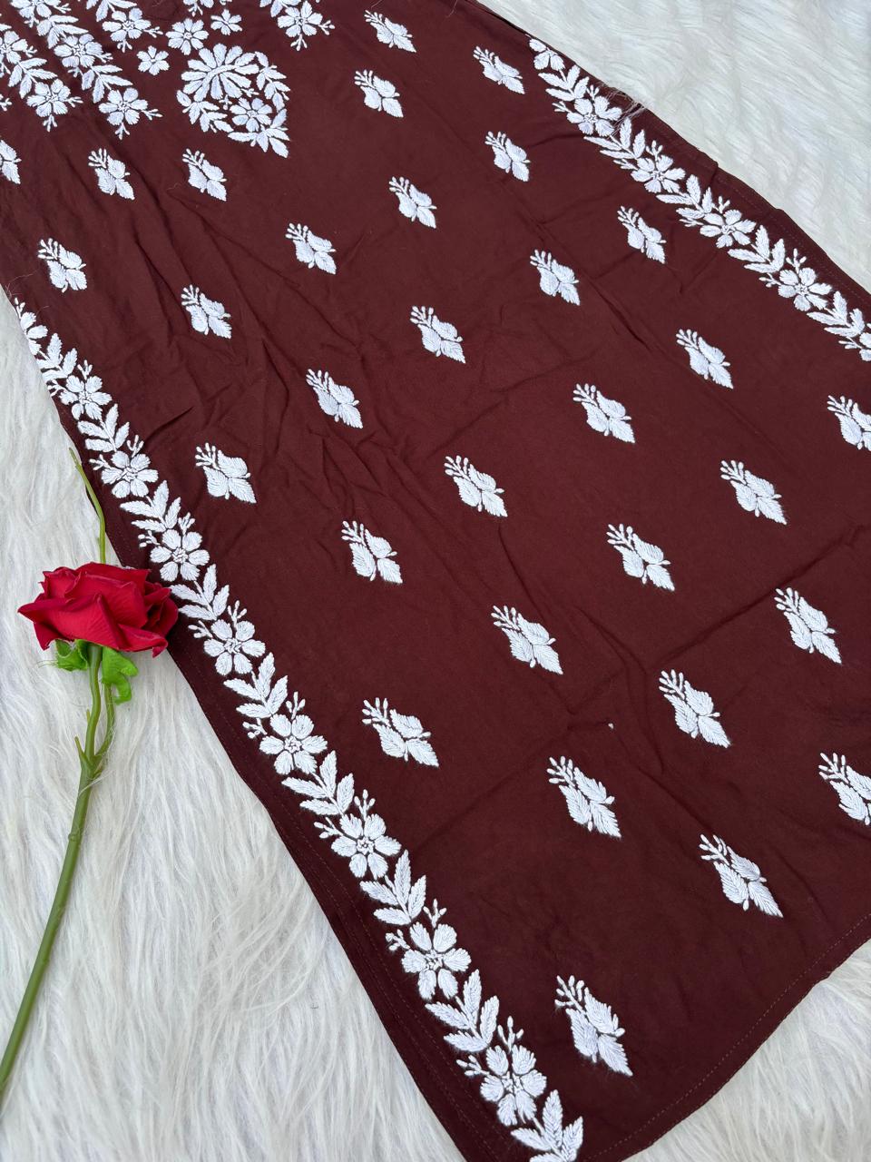 Zoobia Soft Rayon Handwork Chikankari Kurti - Brown Colour