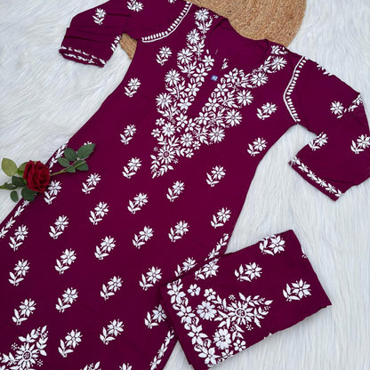 Maya Rayon Chikankari Kurti Plazo Set - Wine Colour