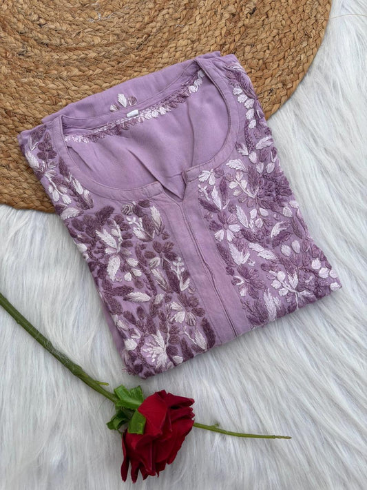 Roohi Rayon Tone To Tone Lucknowi Handwork Chikankari Kurti - Lavender Color