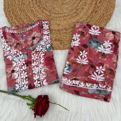 Jameela Mulmul Cotton Chikankari Kurti Set - Cherry Colour
