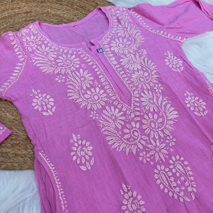 Isha Slub Cotton Chikankari Kurti -Baby Pink colour