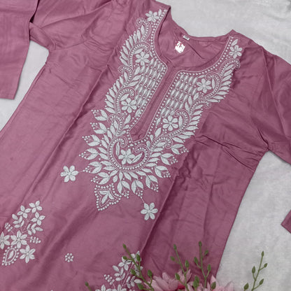 Rayon Chikankari Machine Work  Kurti Plazo Set- Fuschia Colour