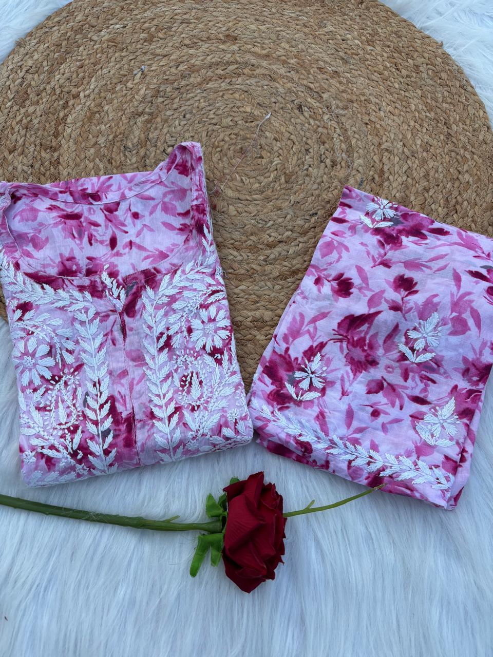 Hadaya Mulmul Cotton Chikankari Kurti Set -Pink Colour