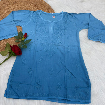 Sofia Ombre Shaded Soft Rayon Chikankari Short Kurti - Sky Blue Colour - Chikankaar