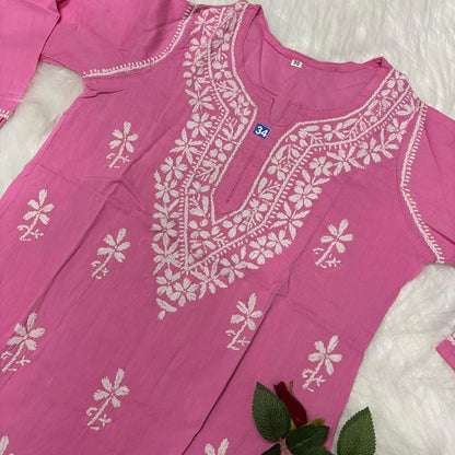 Ziya Pure Cotton Chikankari Short Top- Pink Colour