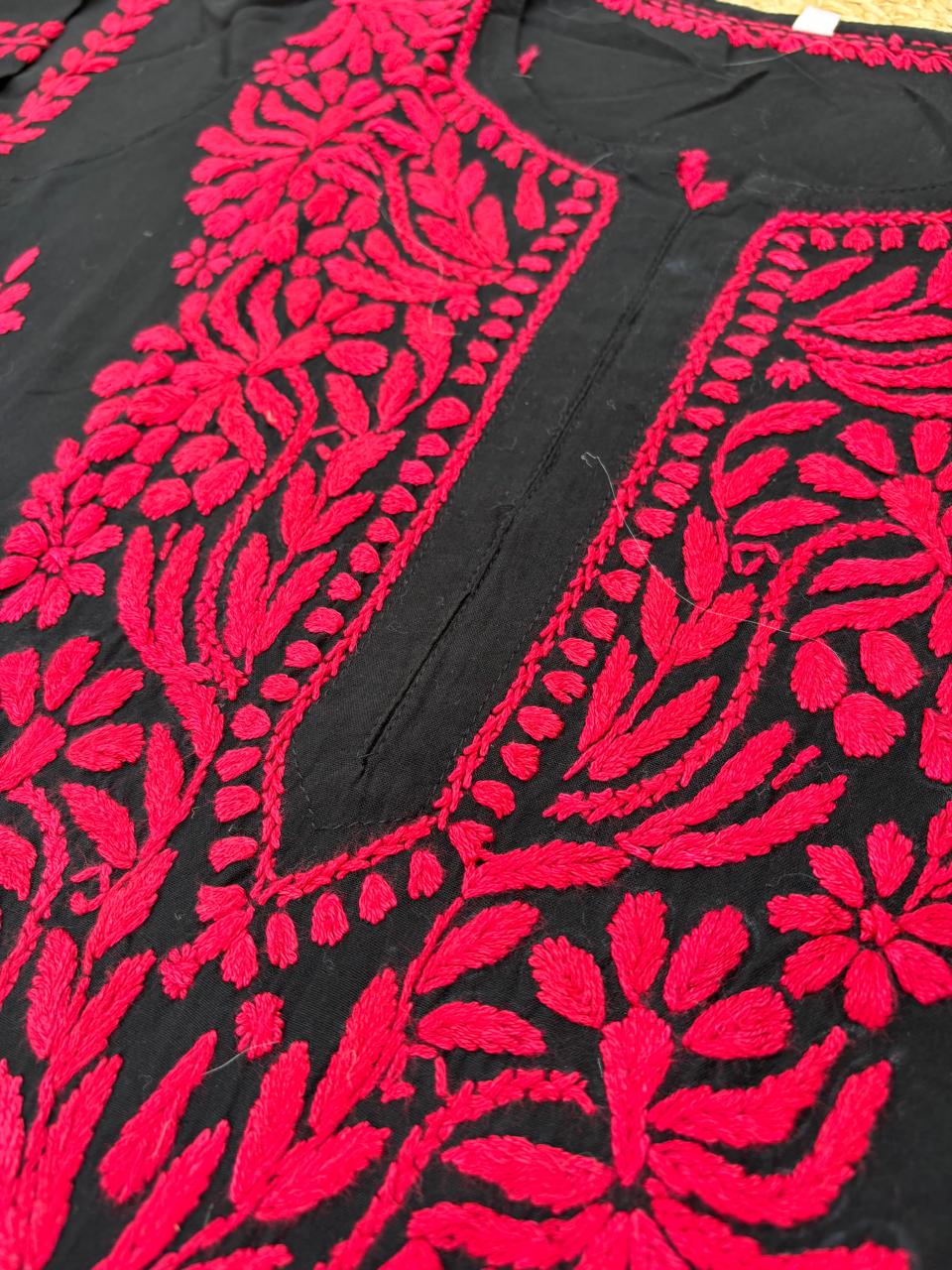 Shifa Soft Rayon Lucknowi Chikankari Kurti - Black Cherry Color