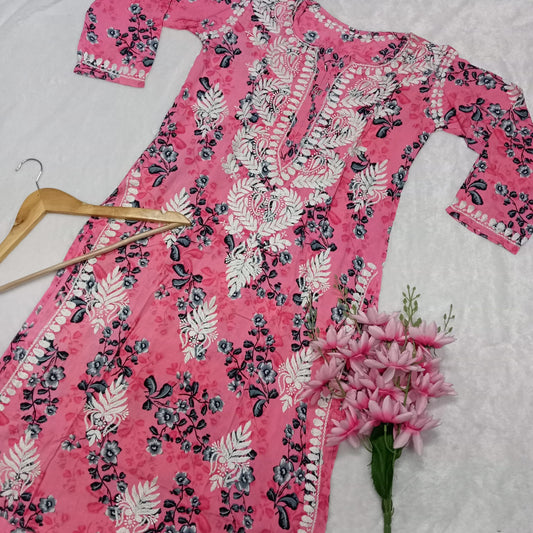 Soft Modal Floral Printed Chikankari Handwork Kurti - Pink  Colour
