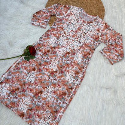 Yasmin Pure Mulmul Chikankari Handwork Kurti - Orange Colour
