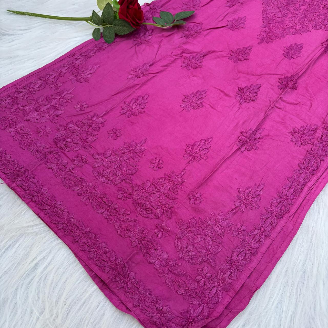 Zooni Chanderi Lucknowi Chikankari Dyed Kurti -Rani colour