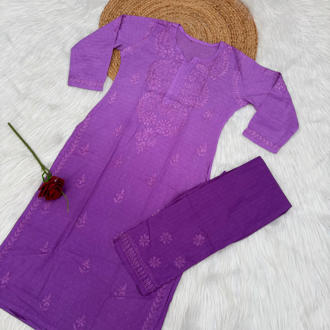 Nuha Dobby cotton Ombre shaded Lucknowi Chikankari Kurti Plazo Set - Purple Colour