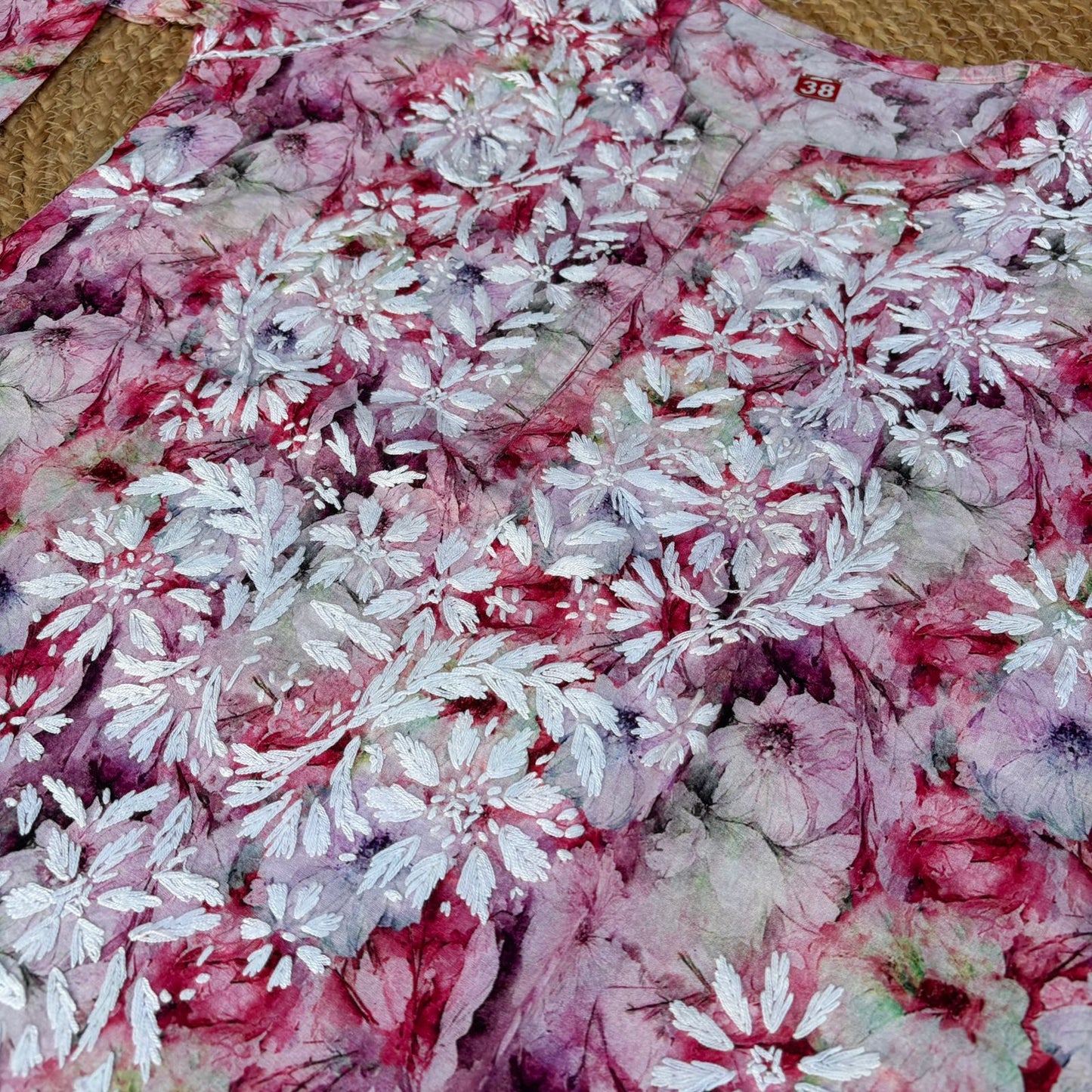 Fiza Pure Cotton Floral Lucknowi Chikankari Kurti - Pink Colour