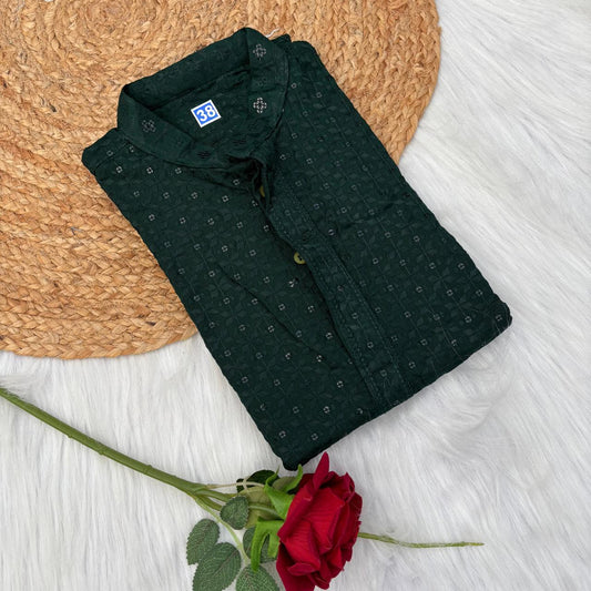 Ayaan Mens Cotton Chikankari Kurta - Dark Green colour