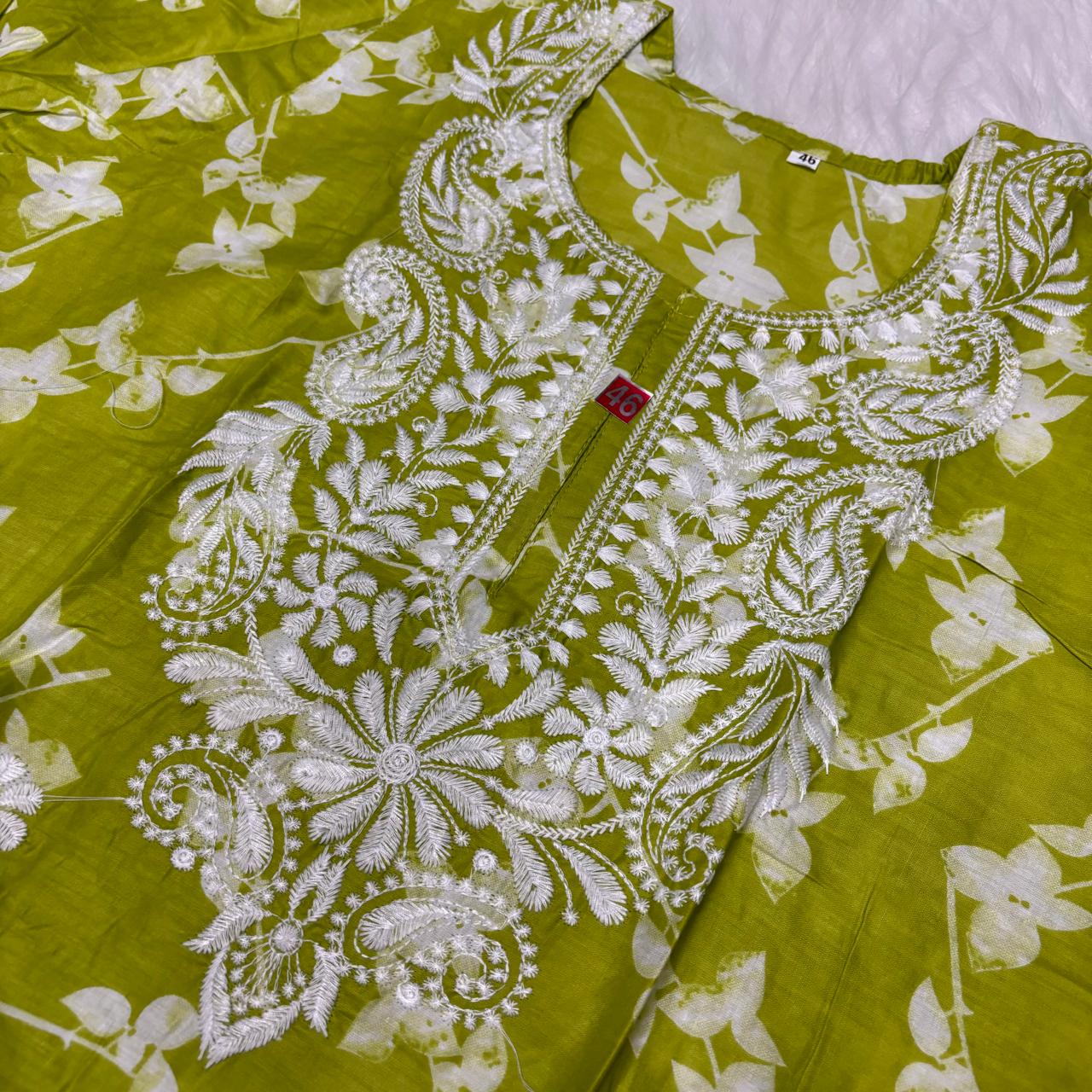 Mulmul Cotton Chikankari Machine Work Kurti -Parrot Green Colour