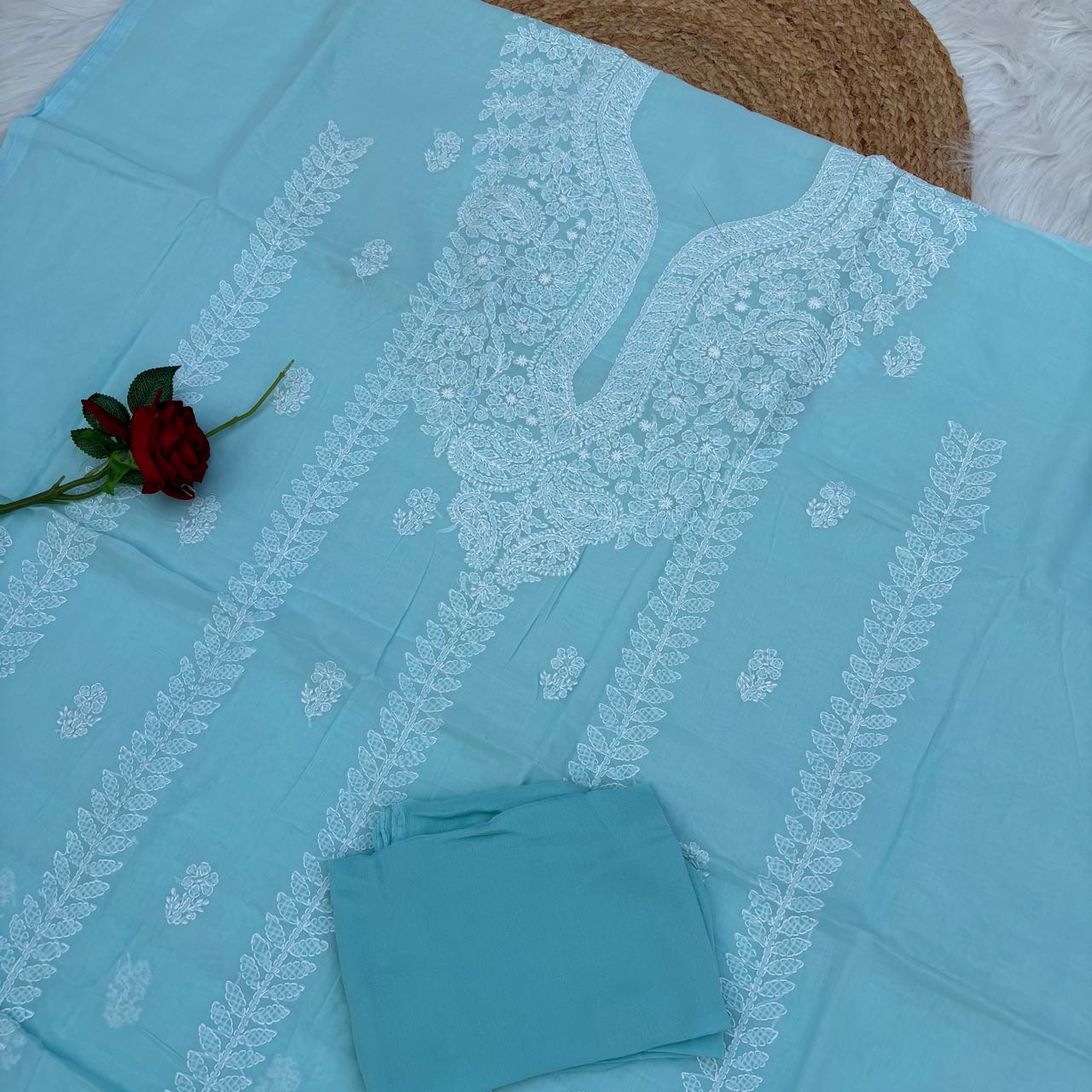 Madhuri Voile Cotton Chikankari Unstitched 3 pc set - Blue Colour