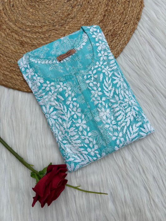 Sameera Pure Mulmul Chikankari Handwork Kurti - Blue Colour