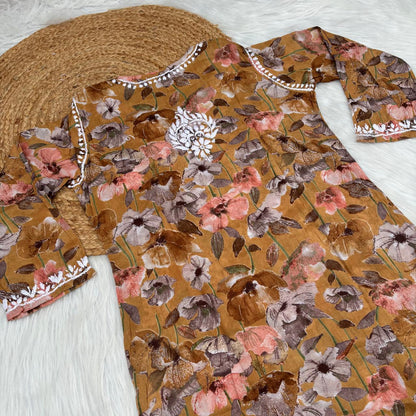 Jameela Mulmul Cotton Chikankari Kurti Set - Yellow Colour