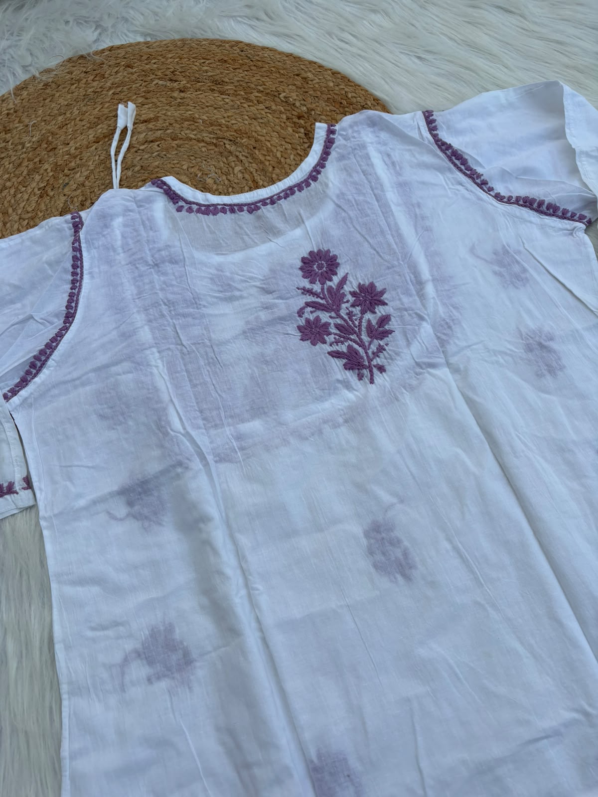 Heer Plus Size Cotton Handwork Chikankari Kurti Set - White Purple