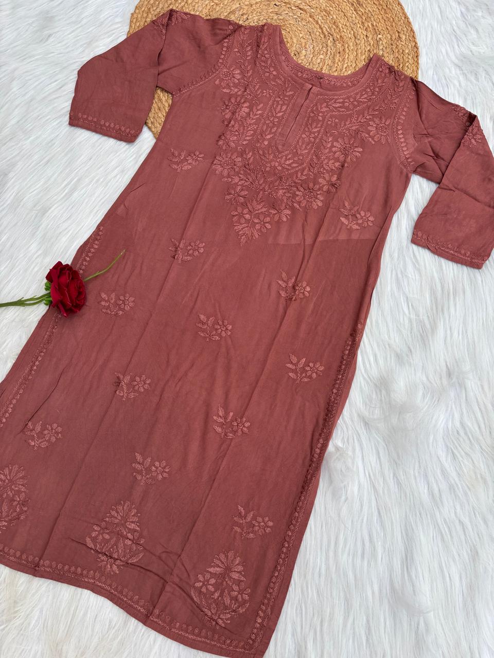 Kiara Dyeable Soft Rayon Handwork Chikankari Kurti - Brown Colour