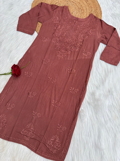 Kiara Dyeable Soft Rayon Handwork Chikankari Kurti - Brown Colour