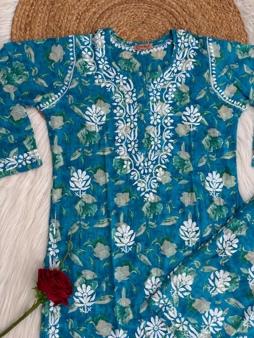 Elena Mulmul Cotton Handwork Chikankari Kurti Set - Blue Colour