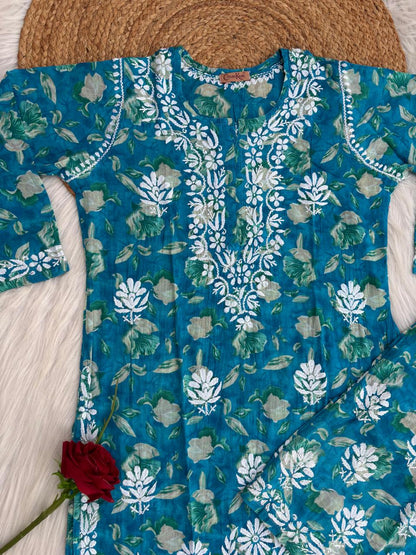 Elena Mulmul Cotton Handwork Chikankari Kurti Set - Blue Colour