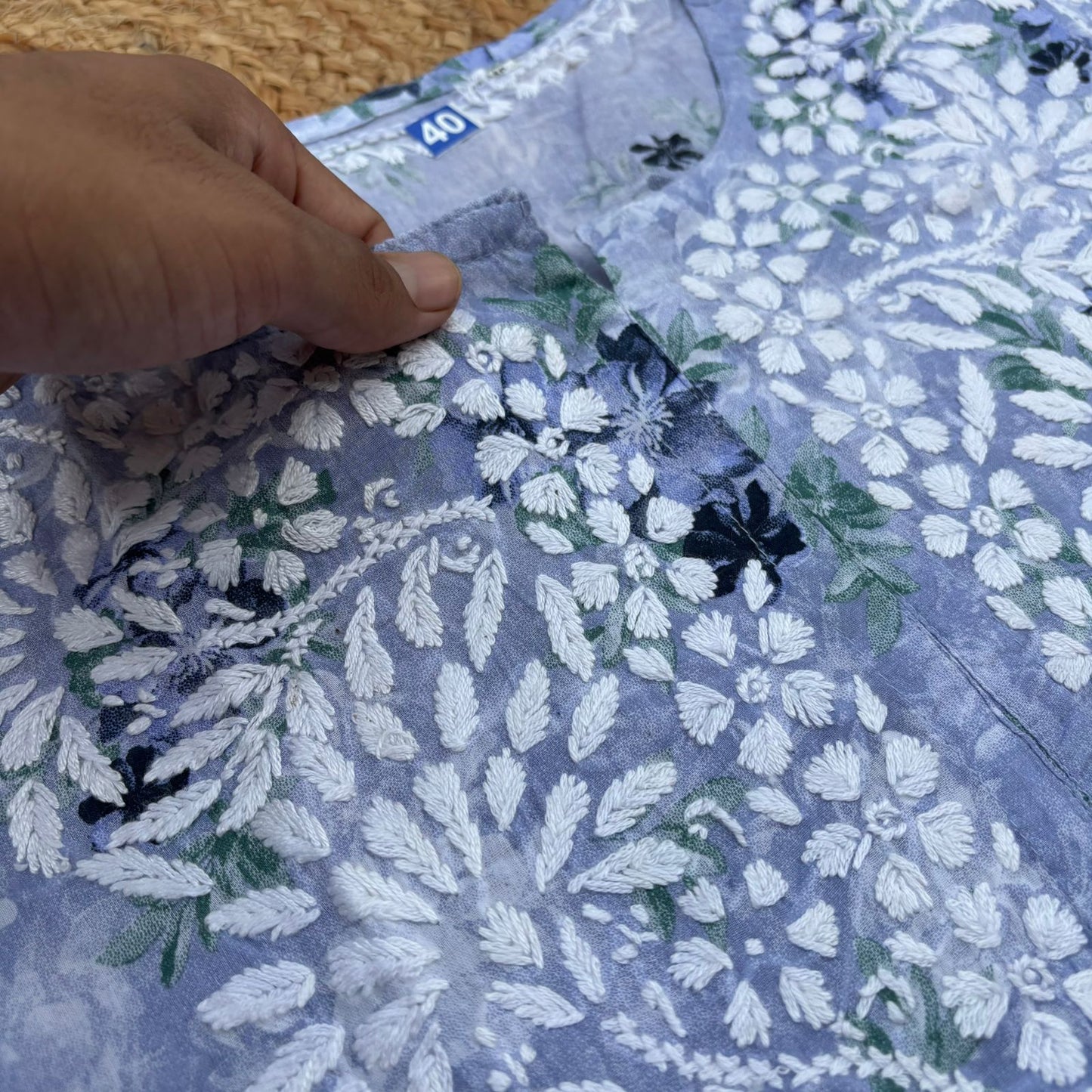 Fawziya Pure Mulmul Chikankari  Handwork Kurti - Blue Colour