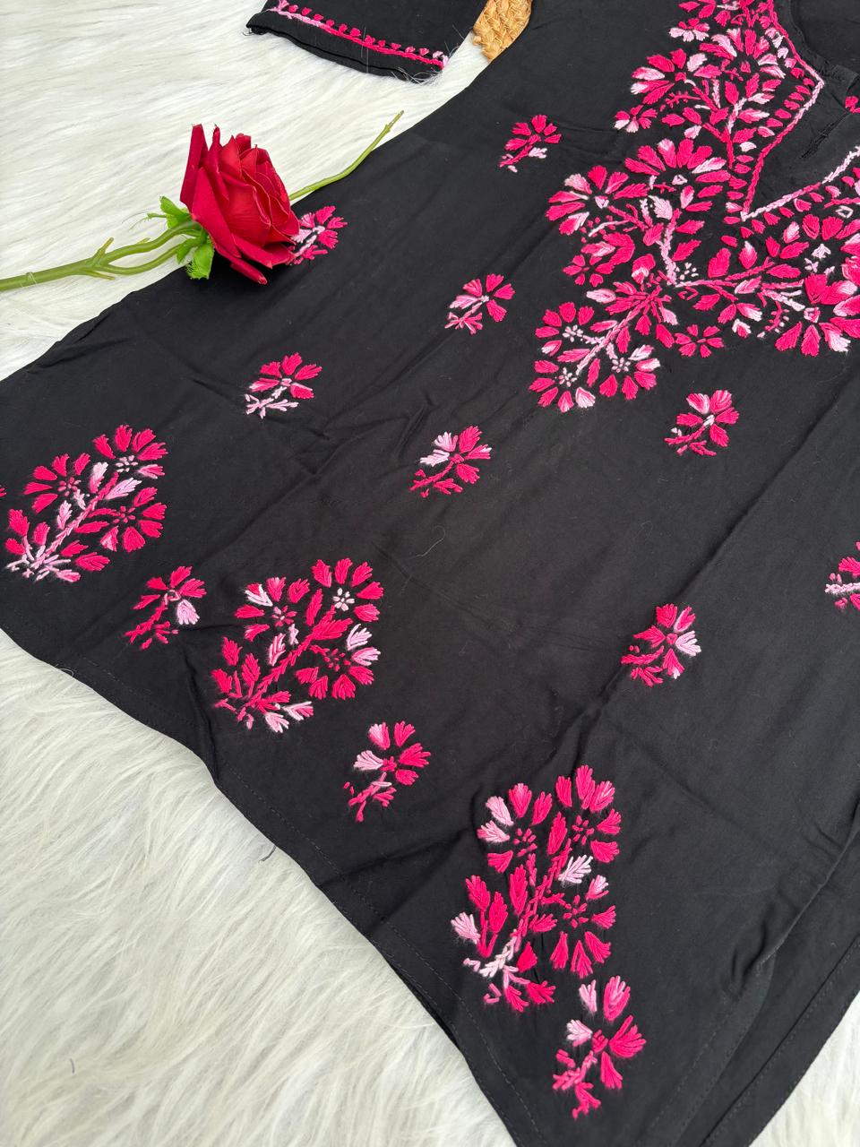 Mahek Soft Rayon Handwork Chikankari Short Kurti- Pink Colour