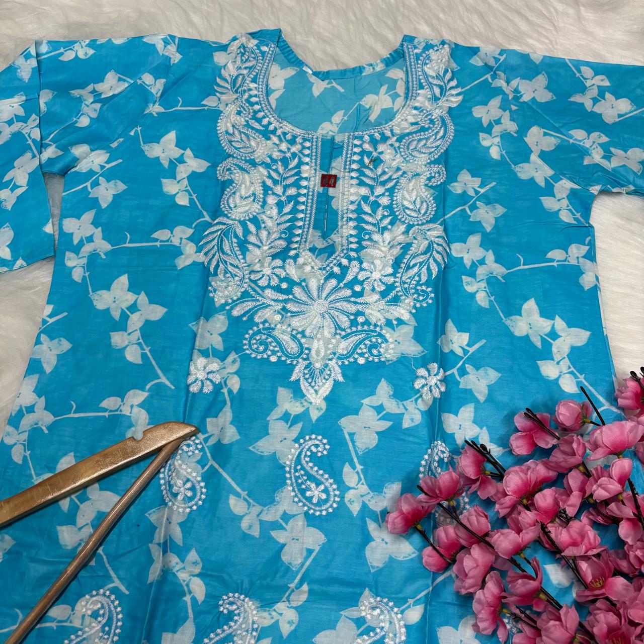 Mulmul Cotton Chikankari Machine Work Kurti -Sky Blue Colour