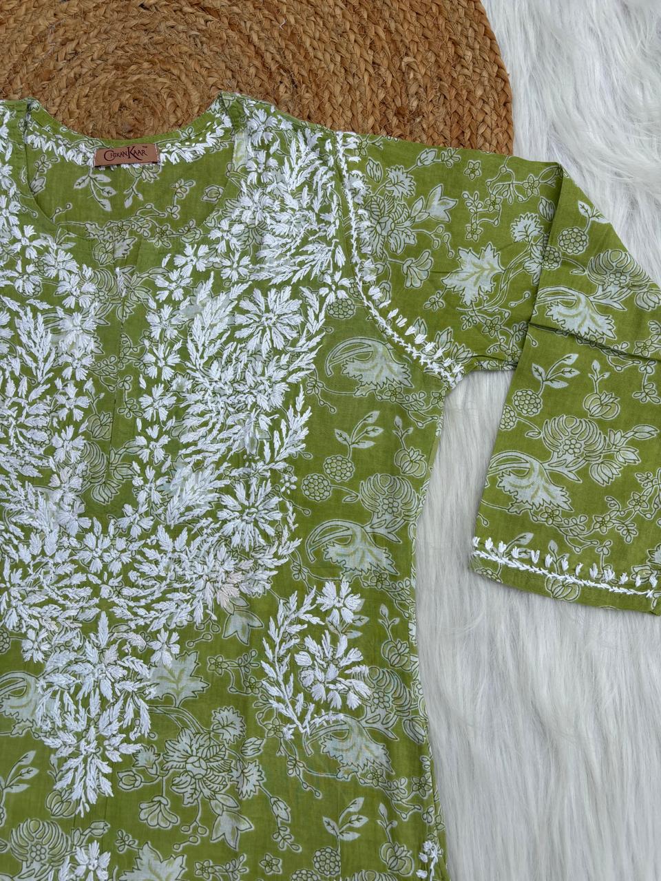 Sameera Pure Mulmul Chikankari Handwork Kurti - Green Colour