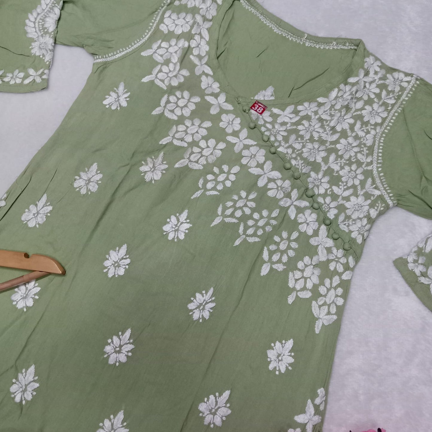 Zeenat Rayon Side Button Chikankari Kurti - Pista Colour