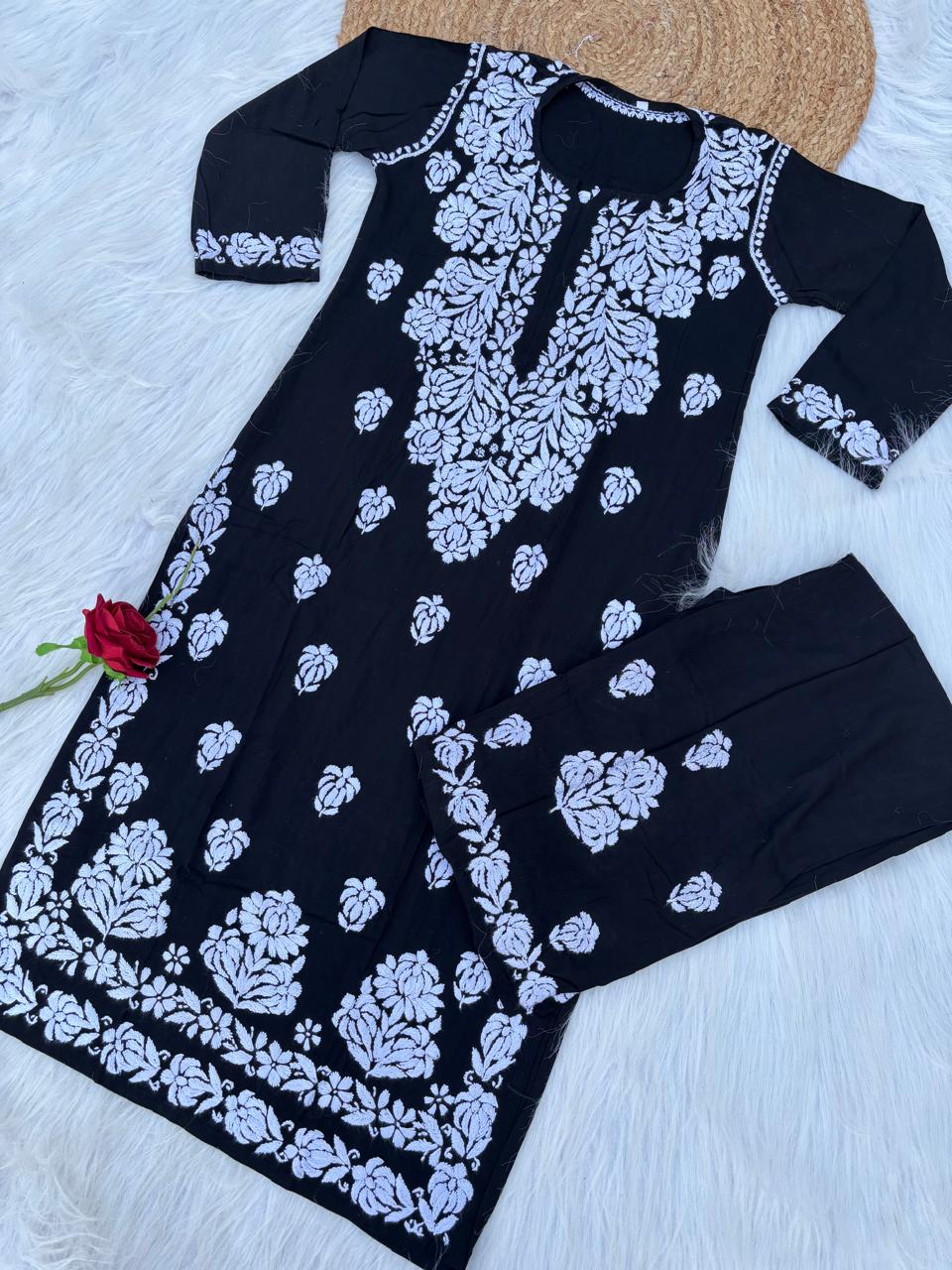 Rida Rayon Handwork Chikankari Kurti Set -Black White Colour